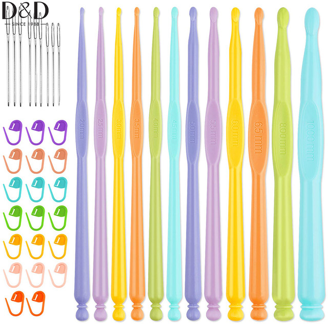 D&D 12pcs 2-10mm Plastic Crochet Hooks Set Comfortable Ergonomic Handle  Needle DIY Knitting with Stitch Markers&Big Eye Needles - AliExpress